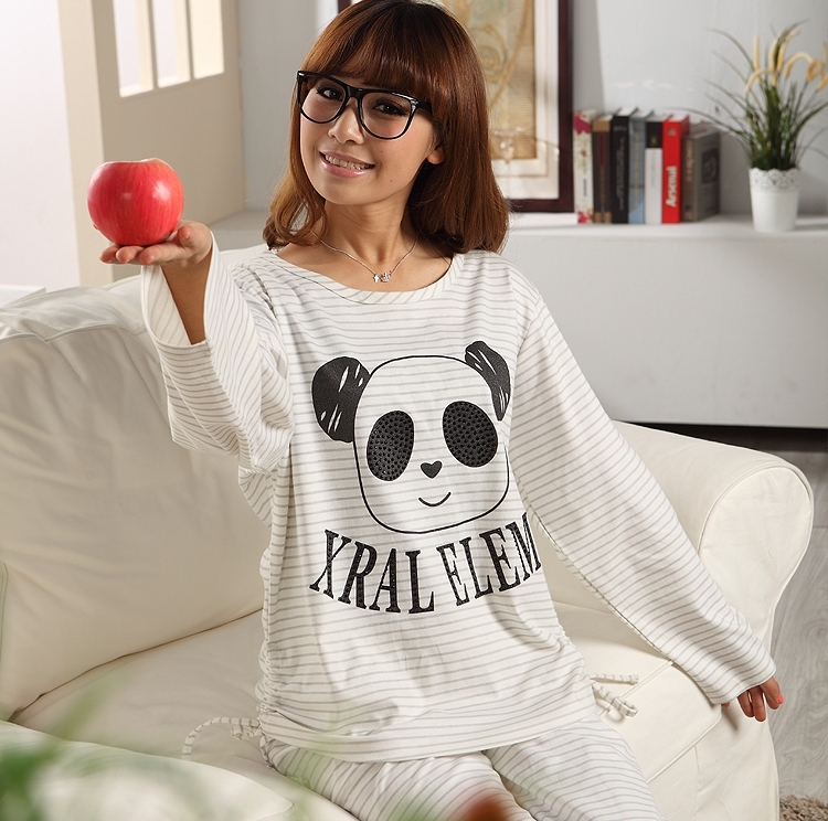 free shipping Spring and autumn knitted cotton sleepwear women's long-sleeve cartoon stripe sleep set lounge