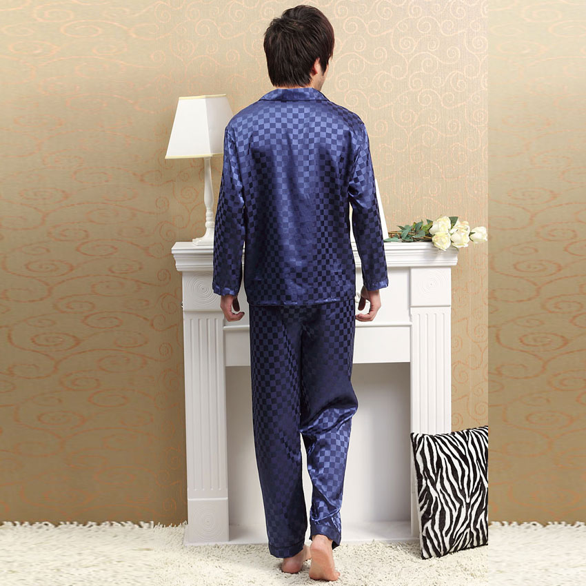 Free shipping Spring and autumn lovers faux silk sleep set plaid silk long-sleeve lounge set