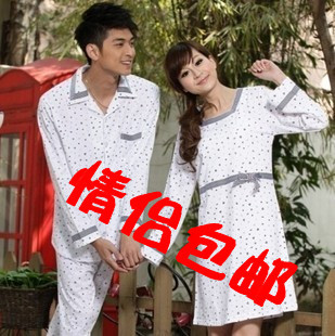 free shipping Spring and autumn male women's lovers sleepwear 100% cotton long-sleeve set lounge sleepwear