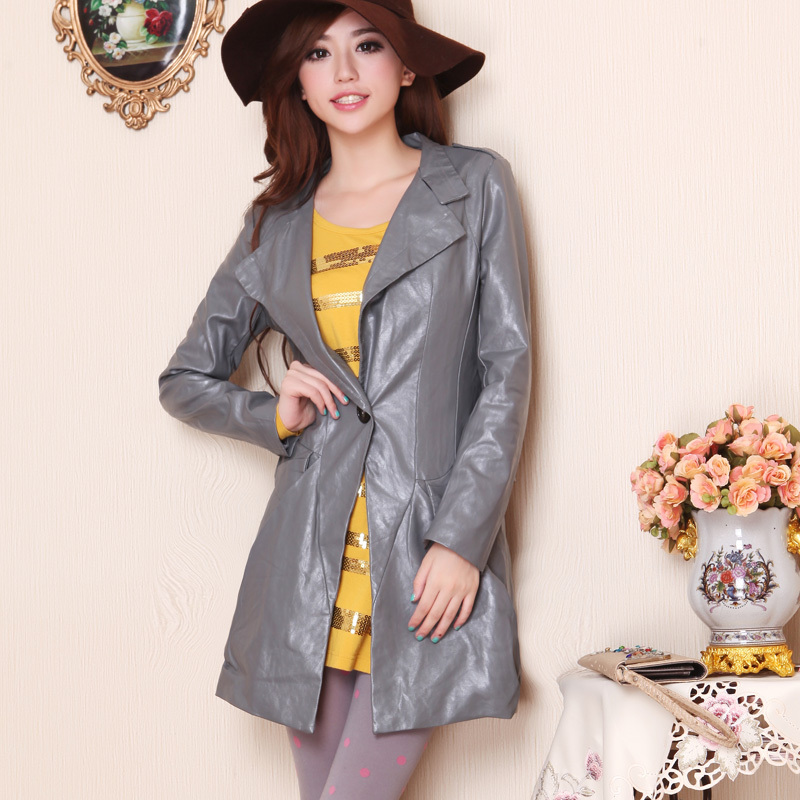 Free Shipping  Spring And Autumn New Arrival Fashion Gentlewomen Simply  Long-sleeve PU Trench Leather Overcoat