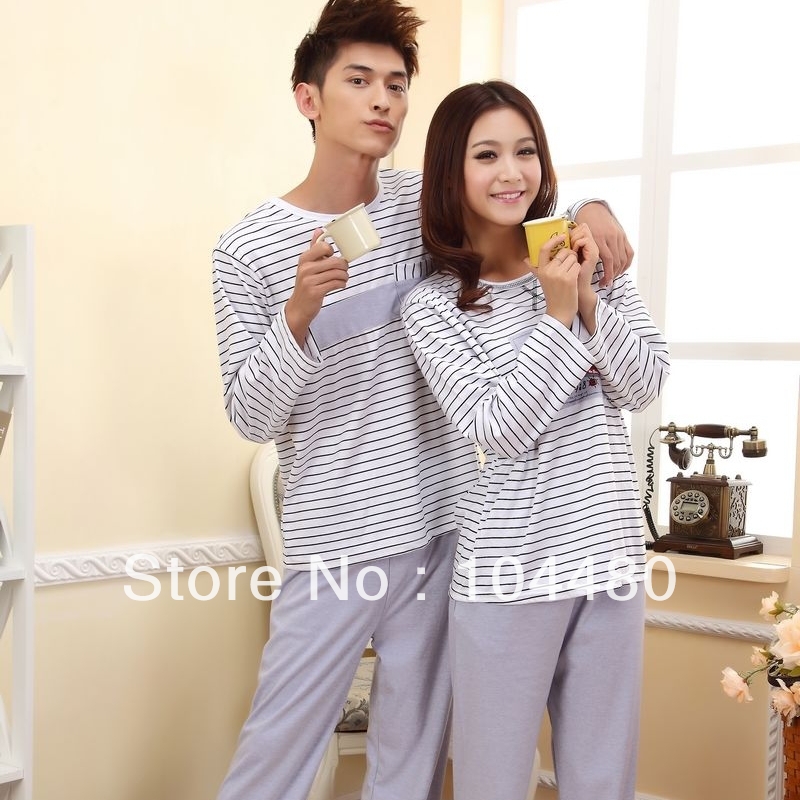 Free shipping spring and autumn stripe bear 100% cotton lovers sleepwear sets /Couples long sleeve pajamas for men and women