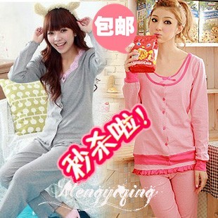 Free shipping Spring and autumn summer piece set sexy sleepwear female 100% cotton long-sleeve casual lounge set