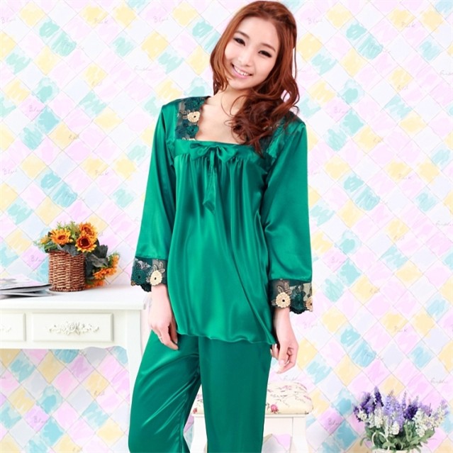 FREE SHIPPING Spring and autumn women's faux silk plus size long-sleeve sleepwear twinset plus size plus size mm