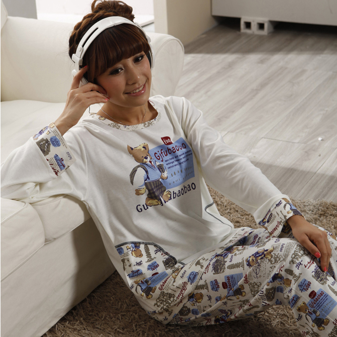 Free Shipping Spring and autumn women's sleepwear princess bear knitted cotton set sleepwear pure o-neck lounge