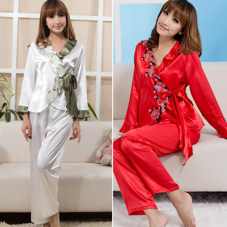 FREE SHIPPING Spring and summer elegant sleepwear female lounge long-sleeve faux silk sleep set silk