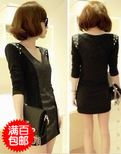 Free shipping Spring and summer mushroom women's sexy slim hip leather skirt basic skirt long-sleeve dress