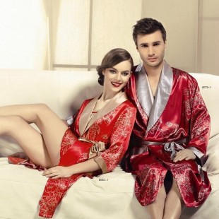 free shipping Spring and summer sexy silk robe bathrobes lovers twinset sleepwear lounge