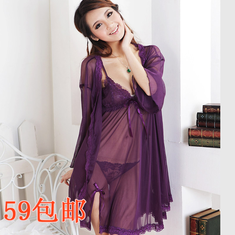 FREE SHIPPING Spring and summer transparent temptation nightgown women's lace plus size sexy sleep set purple