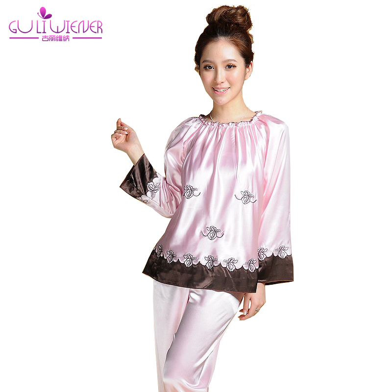 Free shipping Spring Artificial silk sleepwear women plus size elegant Round-neck Long-sleeve nightgowns Lounge Set