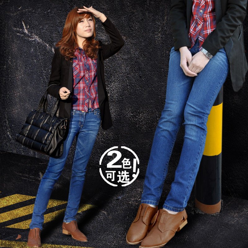 Free Shipping Spring blue lowing pants Women plus size jeans pencil mm tights black