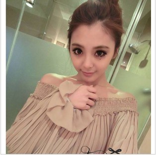 free shipping Spring chiffon shirt long-sleeve 2013 women's sexy slit neckline ruffle strapless baimuer t-shirt