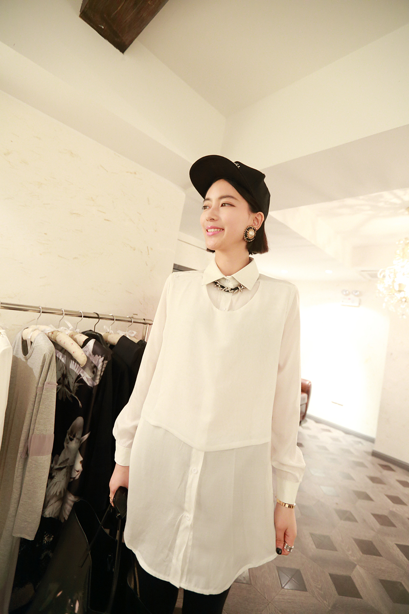 Free shipping Spring design women's long shirt chiffon body with PU collar.