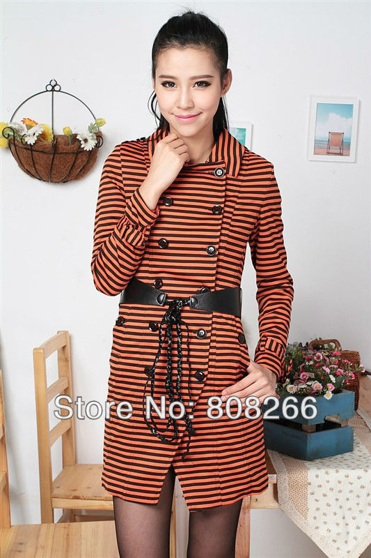 free shipping spring double breasted striped long trench coat for women