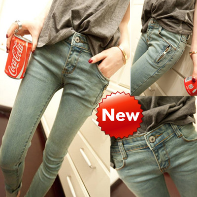 Free Shipping Spring fashion all-match 2013 water wash Women pocket slim jeans zipper