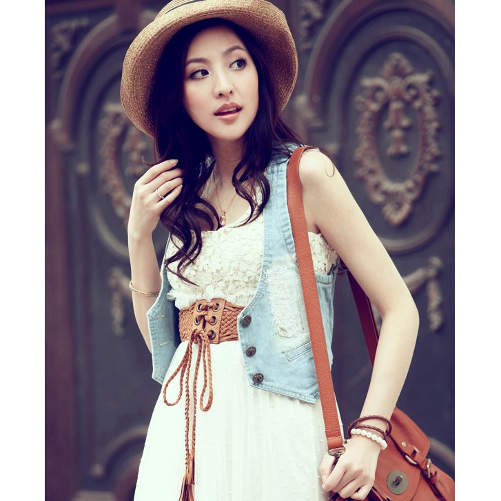 free shipping Spring fashionable casual all-match denim sleeveless single breasted small vest short jacket light blue 2013