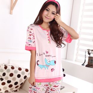 FREE SHIPPING Spring knitted cotton dog sleep set women's long-sleeve lovers lounge cotton