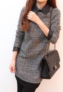 Free Shipping Spring New Arrival  women's fashion elegant leather turn-down collar barege Woolen dress(Average)121225#14