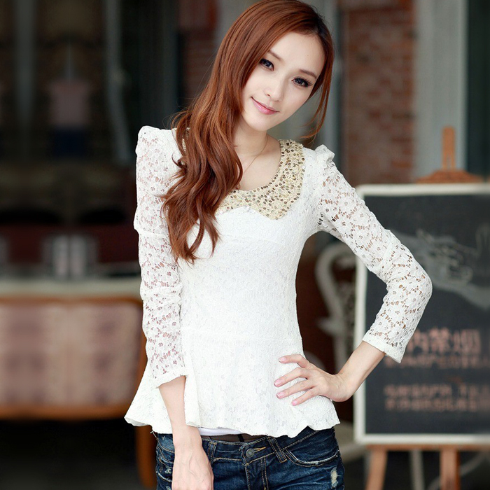 Free shipping spring new arrival women's peter pan collar paillette lace basic shirt long-sleeve slim chiffon shirt