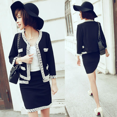 Free Shipping Spring New Fashion Womens Elegant Beaded OL Style Coat Skirt Suit White/Black R4049