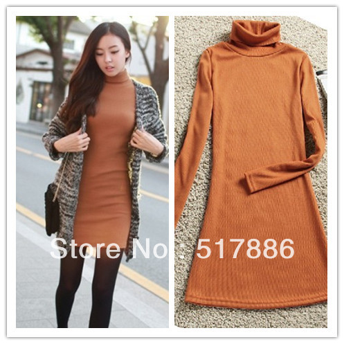 free shipping Spring plus size clothing solid color plus size one-piece dress turtleneck thread sweater slim hip basic skirt