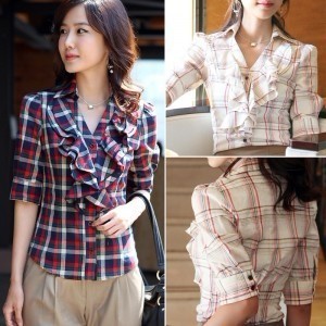 Free shipping Spring shirt women's short-sleeve spring formal women's half sleeve V-neck ruffle plaid shirt c007