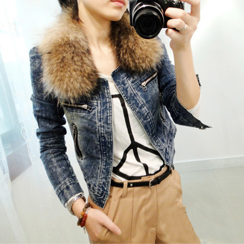 FREE SHIPPING Spring short design zipper slim water wash denim coat detachable raccoon fur outerwear