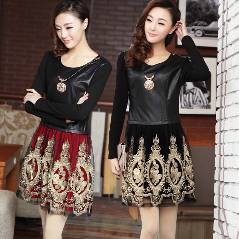 Free Shipping Spring slim elegant PU patchwork embroidered o-neck long-sleeve dress leather skirt spring and autumn dress