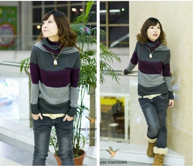 Free shipping Spring Slim turtleneck sweater knitted cotton wool Stripe sweater dress Women