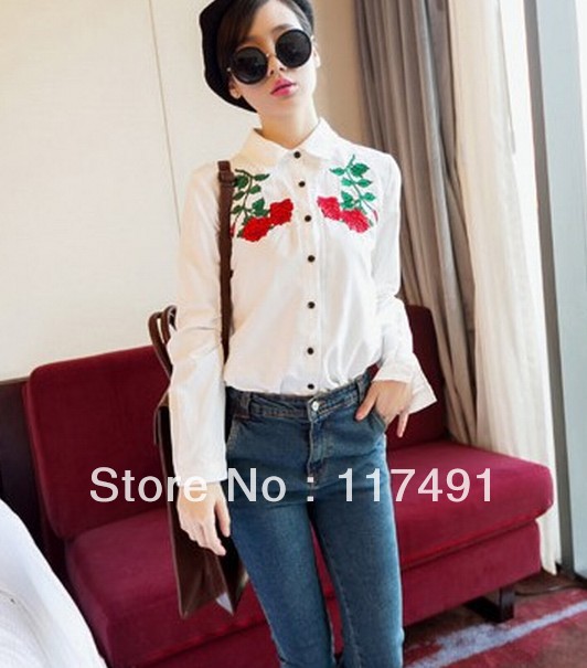 free shipping spring vintage Fresh feeling Lapel long-sleeved rose embroidery Flower shirt/blouse better than zar*/h*m/aso ft107