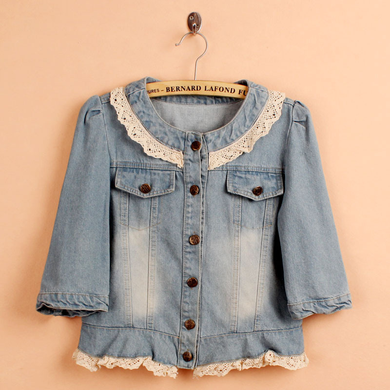 Free shipping Spring women's cutout lace decoration pearl denim coat cardigan o-neck short design denim outerwear gx195