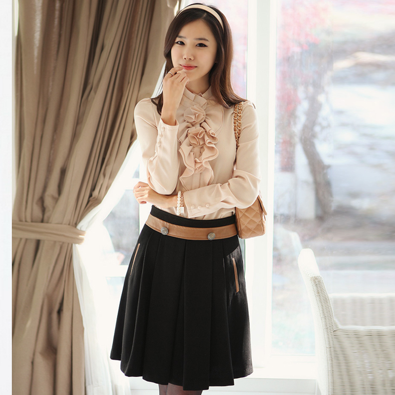 Free shipping Spring women's fashion gentlewomen set shirt medium pleated skirt work wear skirt