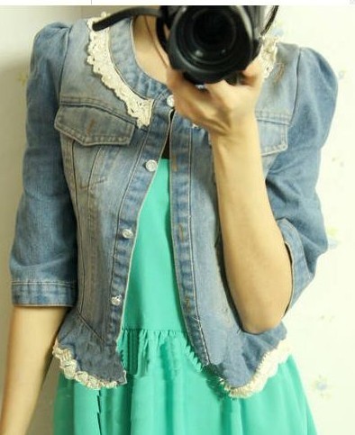 Free Shipping, Spring women's lace decoration vintage slim denim short jacket