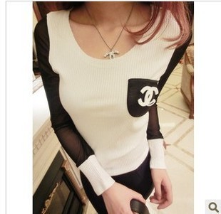 Free shipping spring women's personalized leather pocket double  brooch gauze long-sleeve basic t-shirt + support wholesale