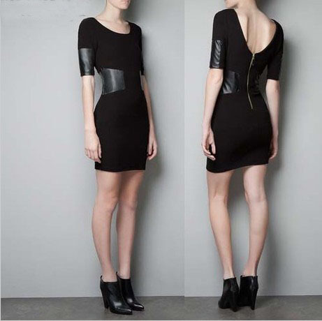 Free Shipping Star Style Deep V-neck zipper back PU patchwork half sleeve faux leather waist one-piece dress Black QY13011502