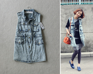 Free shipping Star style light blue vintage white female all-match denim vest long design water wash vest 1058