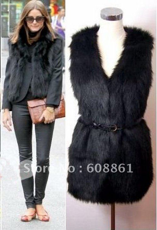 FREE SHIPPING Star Style Vintage Black Faux Fur Long Waistcoat Vest