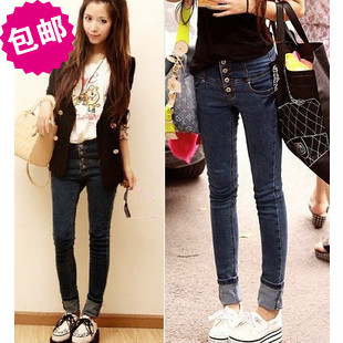 Free shipping Street all-match buttons 4 buckle butt-lifting high waist jeans pencil pants skinny pants