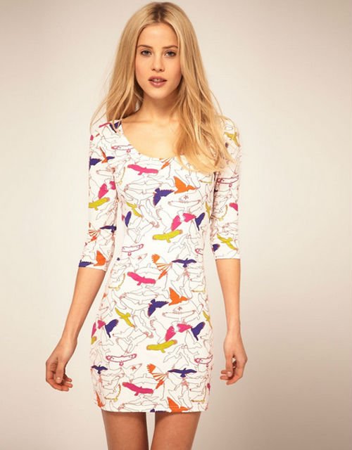 Free Shipping STRETCH SCOOP NECK 3/4 SLEEVE BIRD PRINT DRESS 0053#