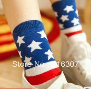 Free Shipping Strip five-pointed star 100% cotton sock