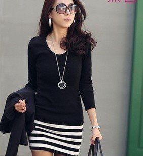 Free shipping striped long sleeve O-neck dress women black Wholesale/Retail