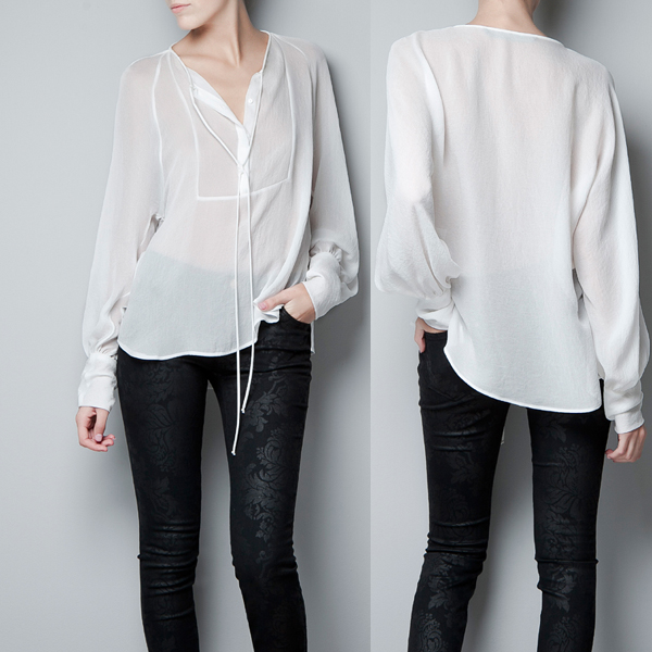 Free Shipping Studio design long-sleeve chiffon collarless pullover loose female shirt cuff lacing top