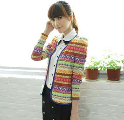 Free Shipping!!! Stylish Casual Colorful Stripe Round Neck Puff Sleeve Coat