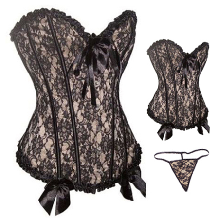 Free Shipping Stylish Hot Lace Overlay Sexy Boned Corset Bustier TOP G-String S-2XL