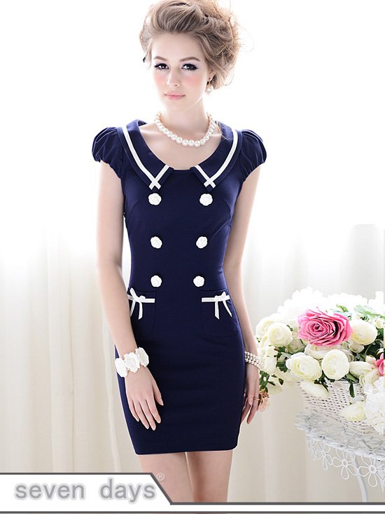 Free Shipping Stylish Lady's Pure Color Double-breasted Slim Fit Short Sleeve Dress  NL052018DB