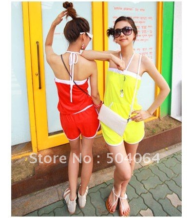 Free  Shipping Stylish Sweet Off-shoulder Color Block Jumpsuit Red   O12091402