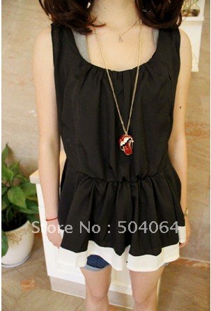 Free  Shipping Stylish Vogue Round Neck Elastic Waist Pleated Chiffon Vest Black TQ12091404