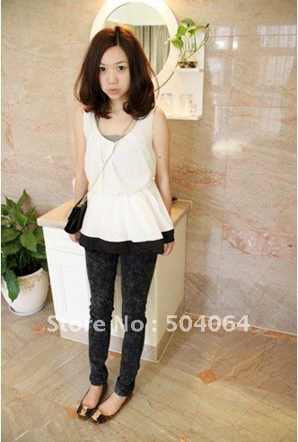 Free  Shipping Stylish Vogue Round Neck Elastic Waist Pleated Chiffon Vest White    TQ12091404-1