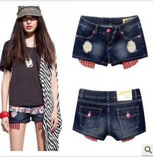 free shipping Submissively 2012 shorts hole plaid applique vintage casual denim shorts denim shorts