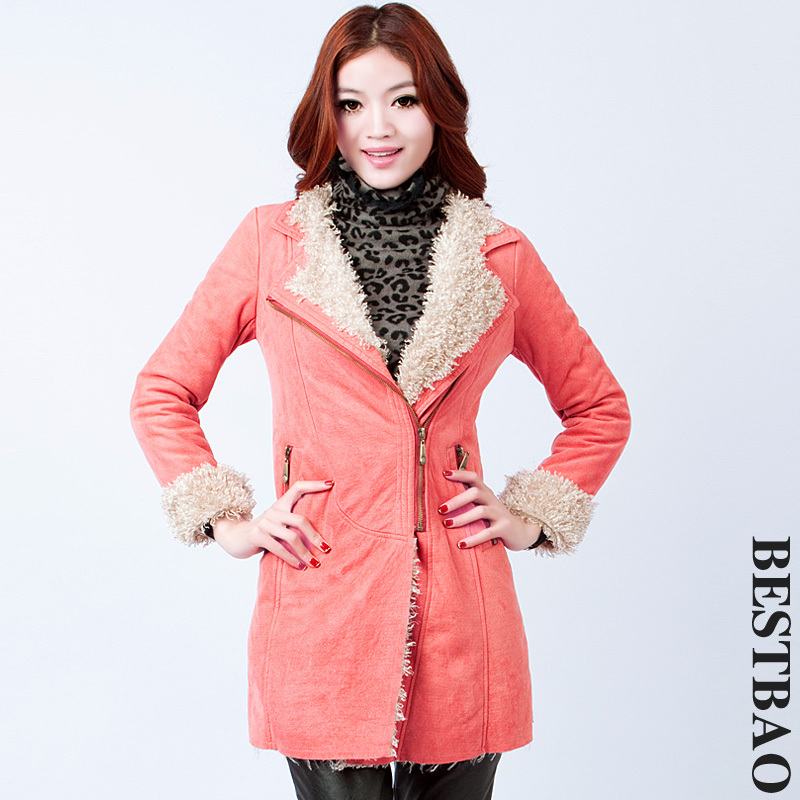 free shipping Suede fabric long outerwear plush liner slim bestbao female 9146