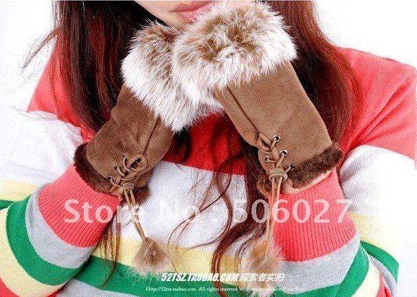 Free shipping Suede Fabric Mitten,Women's Soft Leather Mitten,Rabbit Fur Fingerless Gloves,mitten for winter